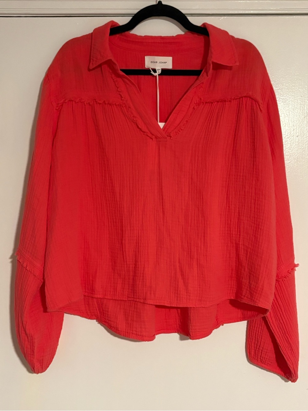 NWT Dear John Coral Cotton Gauze Raw Edge V Neck Blouse Size L